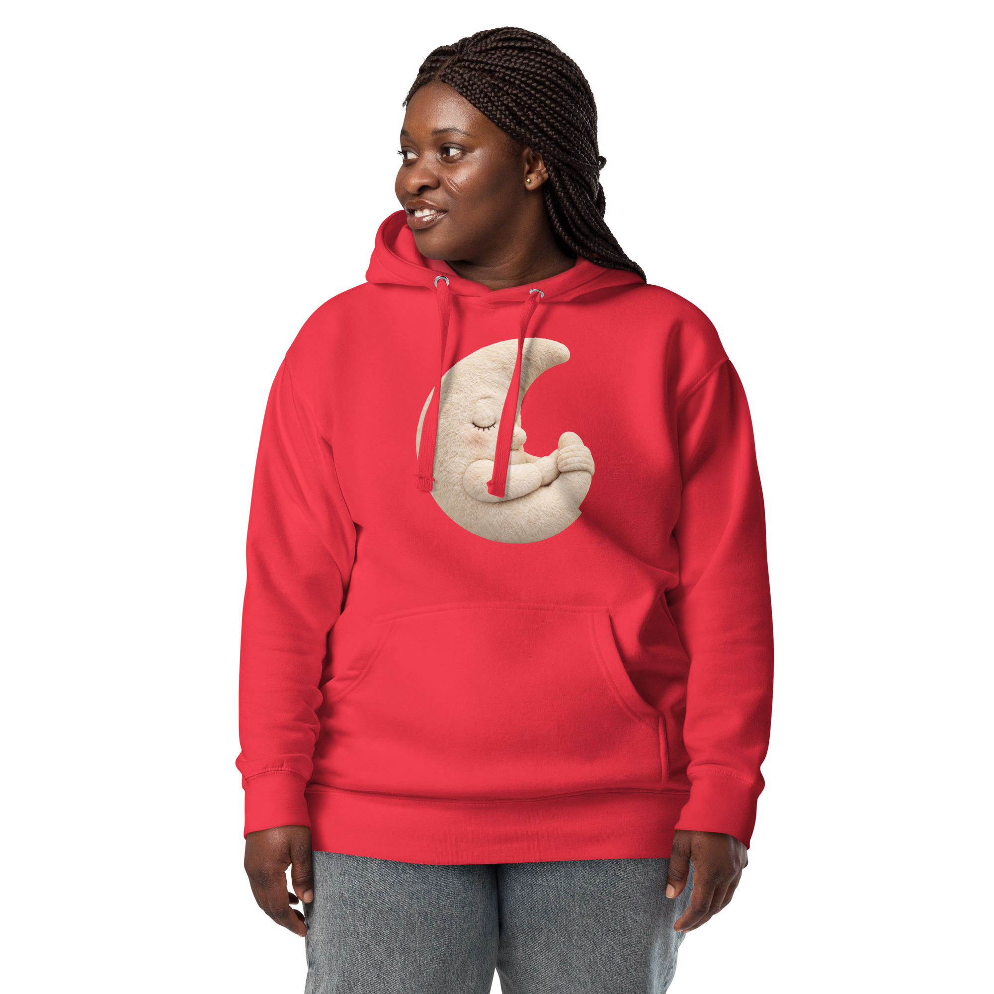 Woman wearing the red Moon Hug hoodie